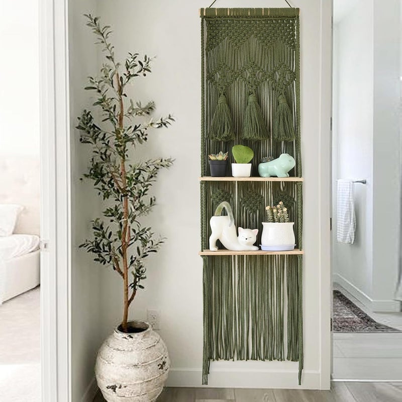 Flber Hanging Shelf Macrame Wall Hanging Green Boho Shelfs with Tassels 2 Tier Floating for Plants Bedroom Dorm Living Room Wall Decor Rustic Wooden Organizer(Wood) - Image 3